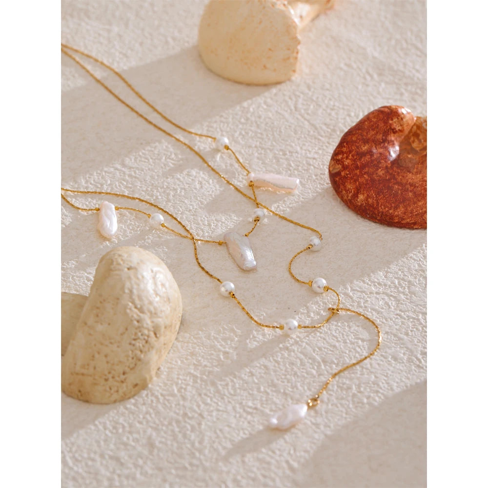 Yhpup Exclusive Design Baroque Natural Freshwater Pearls Luxury Necklace Stainless Steel Double-Layer Chain Premium Jewelry Gift