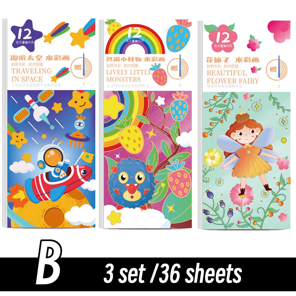 12 Sheets/Set Portable Watercolor Painting Paper Coloring Book With Paint Brush Filling Kids Graffiti Picture Drawing for Kids