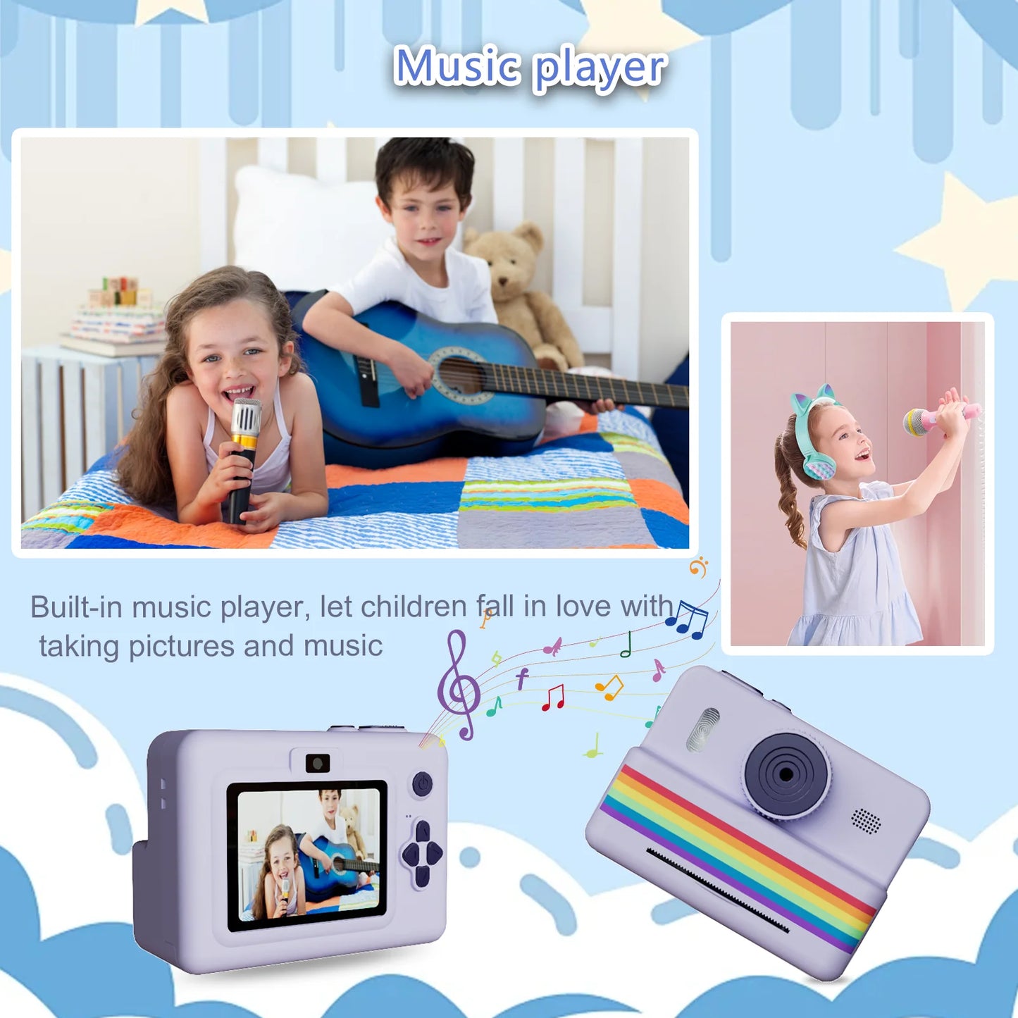 kids instants camera with 32GB memory card&color pencil, dual cameras, flashlight, the perfect gift for boys and girls.