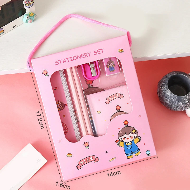 6Pcs Creative Children Stationery Set Cartoon Pencil Sharpener Eraser Note Book Ruler Pencil Kawaii School Supplies Gifts