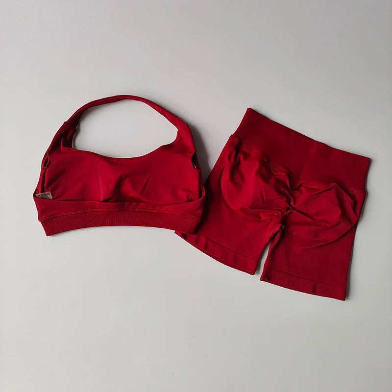 Sexy Halter Neck Beautiful Back High Waist Peach Sports Bras Shorts Suit Pilates Gathering Yoga Vest Training Fitness Bra Sets