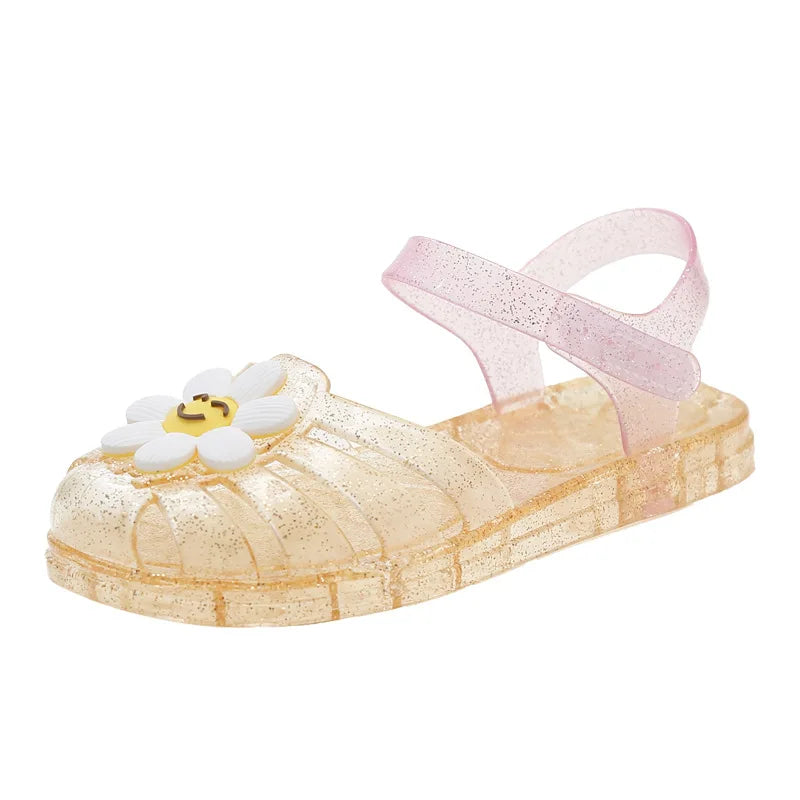 Children's Glitter Crystal Sandals Girls Flower Smiley Face Jelly Beach Sandals Toddler Garden Shoes Kids Non-slip Casual Shoes