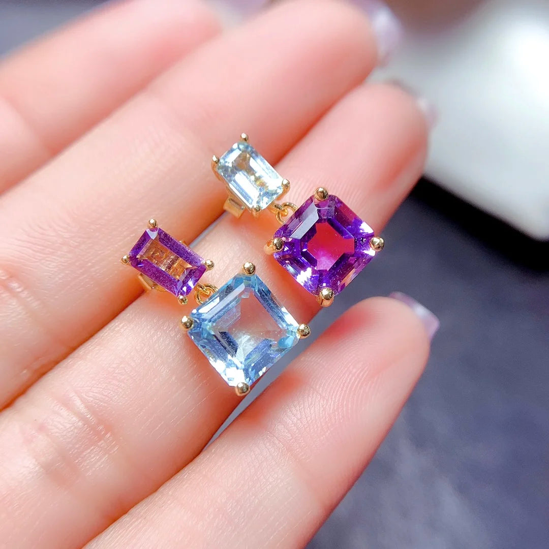 FS S925 Sterling Silver Natural Amethyst Topaz Asymmetric Earrings for Women Fine Charm Wedding Jewelry With Certificate MeiBaPJ
