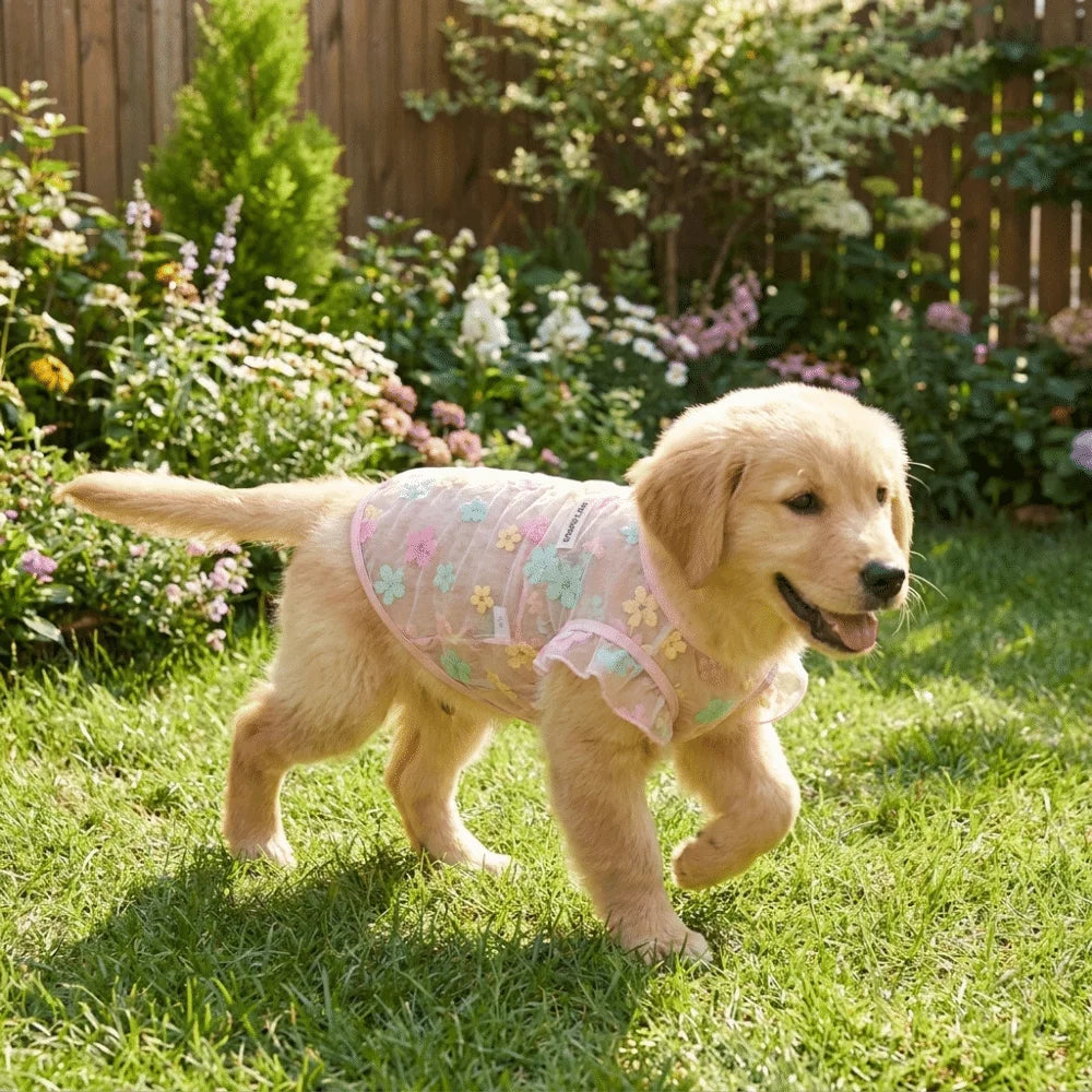 Thin Breathable Cooling Dog Vest Flying Sleeves Sunproof Cat Mesh T Shirt Lightweight Floral Print Dog Sunscreen Clothing Summer