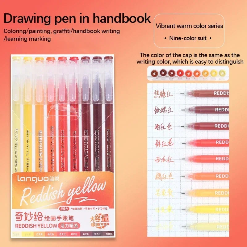 Languo Gel Pen Large Capacity Handbook Pens 6/9Pcs 0.6mm Student Art Diy Doodling Drawing Markers Office Kawaii Art Stationery