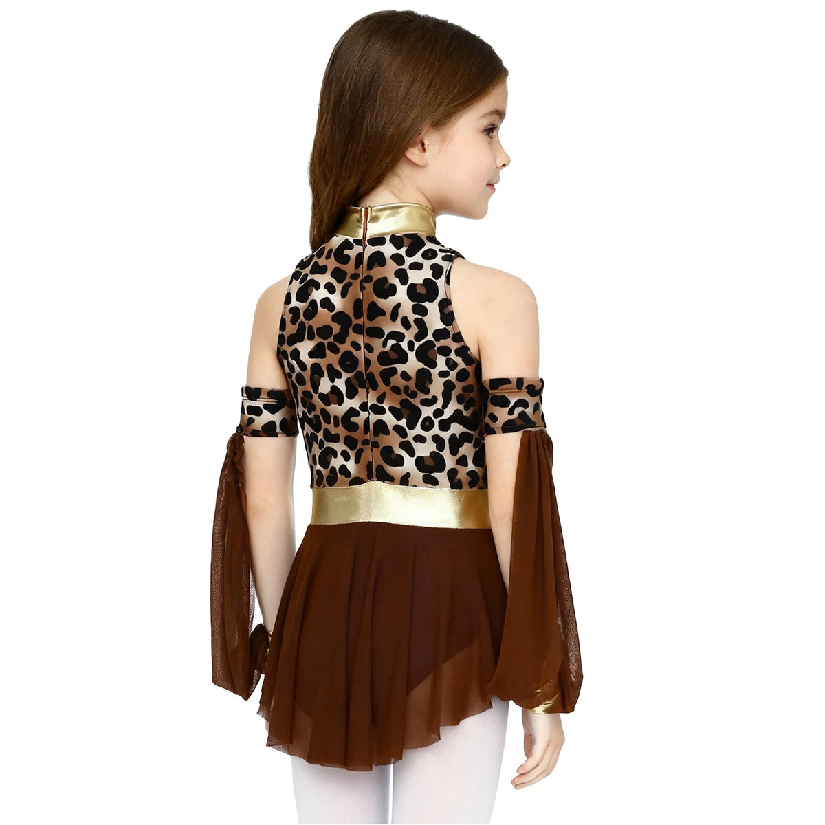 Girls Cave Girl Costume – Leopard Print Dress with Oversleeves, Sizes 6–16