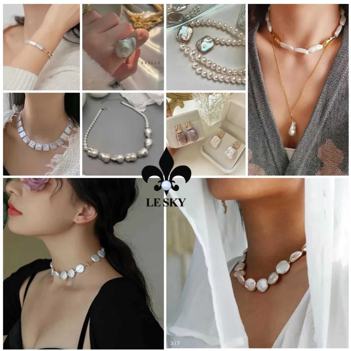 LE SKY Natural Freshwater Pearl Set Potato Shape Elasticity Pearl Bead Bracalet Necklace Earrings Wedding Party Accessories 8-9