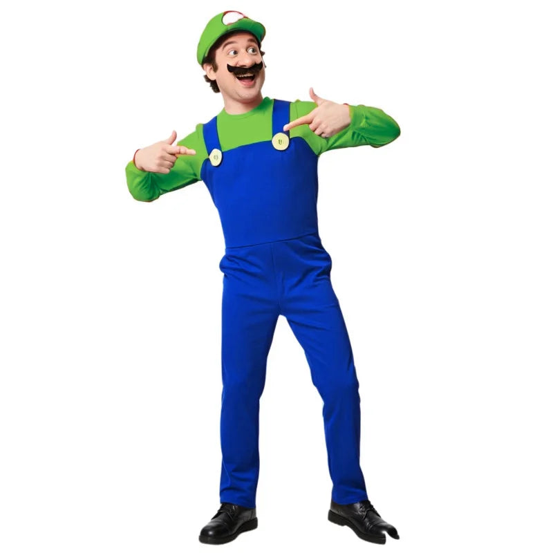 Mens Halloween Plumber Costume with Fake Beard Hat Gloves Adult Cosplay Jumpsuit Party Outfit Red, Yellow, Purple Plumber
