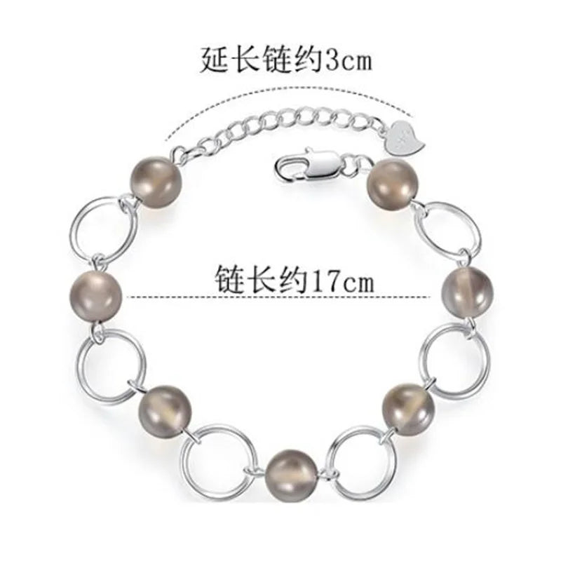 S925 Sterling Silver Bracelet Natural Gray Agate Crystal Bead Bracelet Engagement Party Jewelry Gift For Women