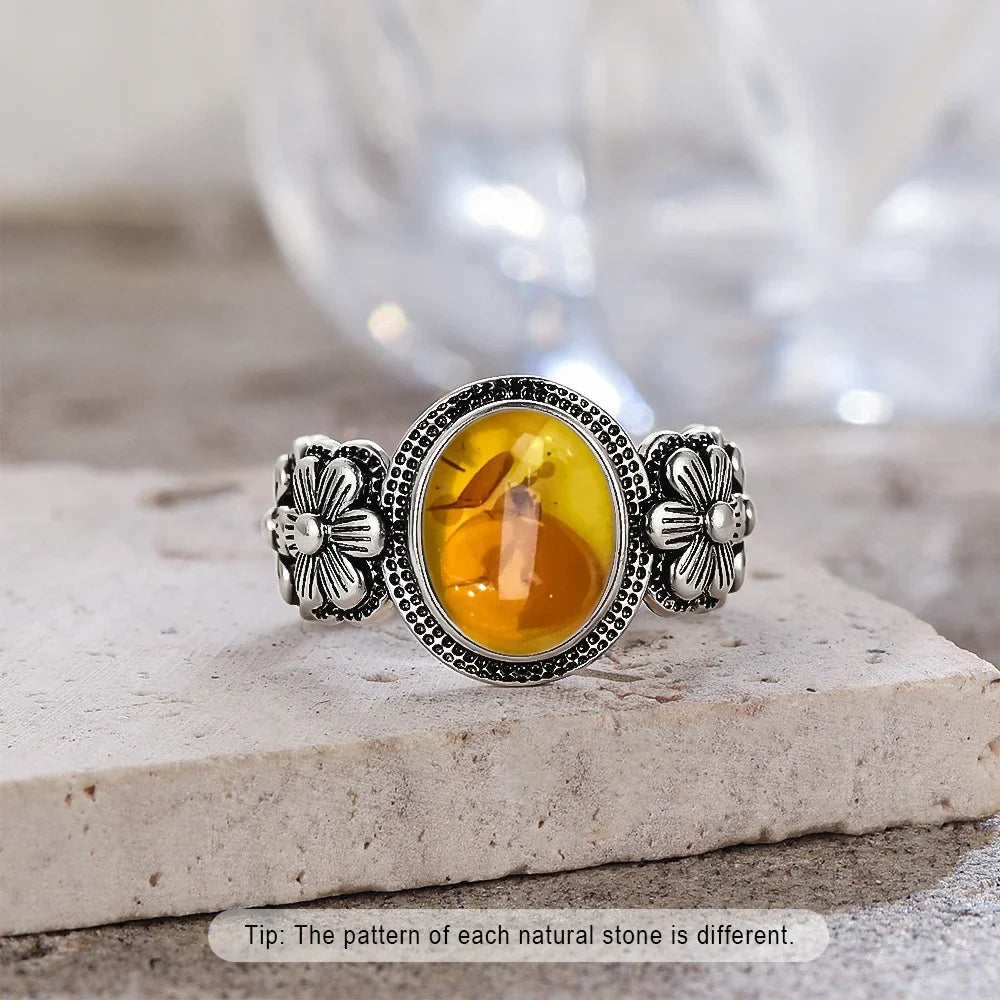 925 Sterling Silver Natural Amber Stone Rings Oval Round Flower Shape Petal Amber Spiritual Rings Fine Jewelry For Women Men