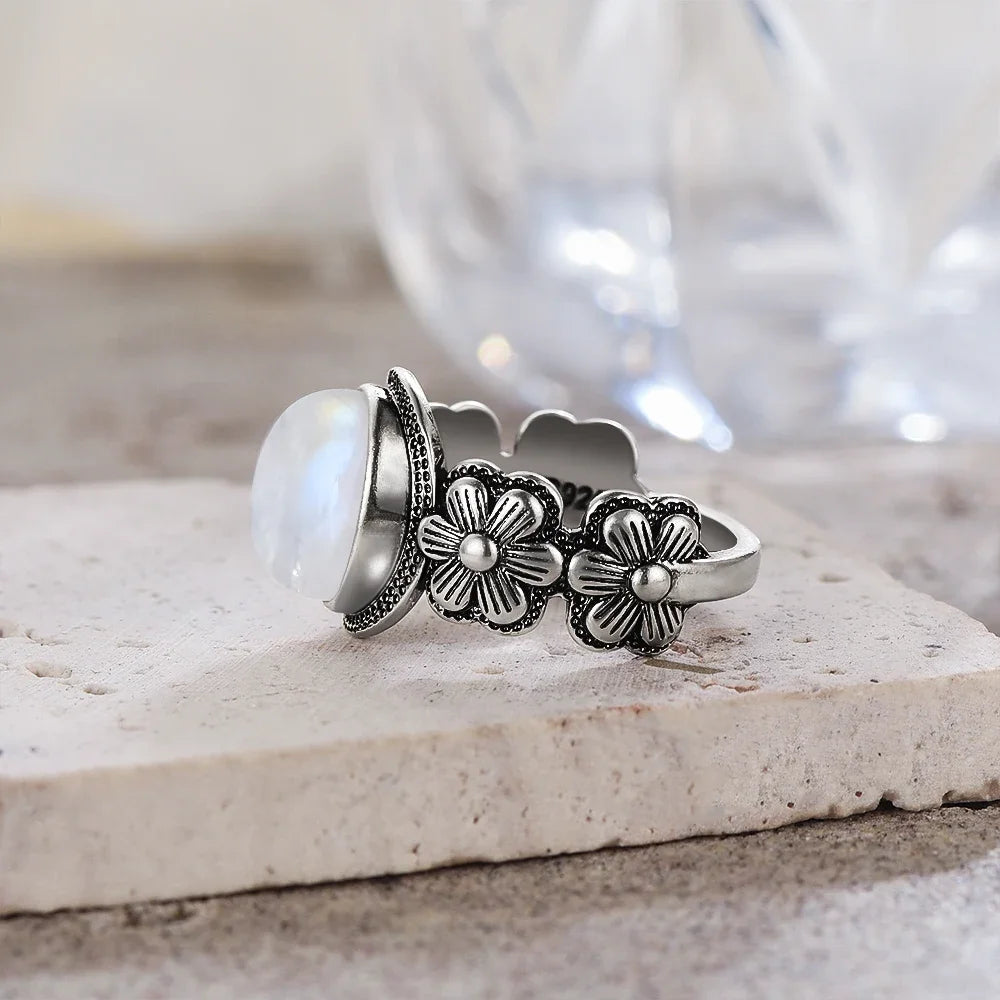 Vintage S925 Sterling Silver Rose Flower Ring With Oval 8*10mm Natural Moonstone Sweet Ring Fine Jewelry For Woman