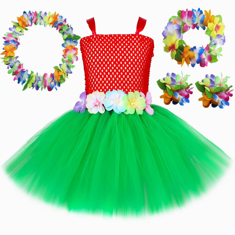 Girls Hawaiian Lilo Tutu Dress Costume Red Green Flower Kids Hawaii Luau Party Outfit Girls Halloween Carnival Princess Dress Up