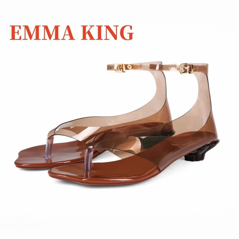 Women's Thong Jelly Sandals,2026 New Clear PVC Sandals ,Ankle Buckle Strap Low Heel Sandals,Summer Beach Casual Footwear,35-43
