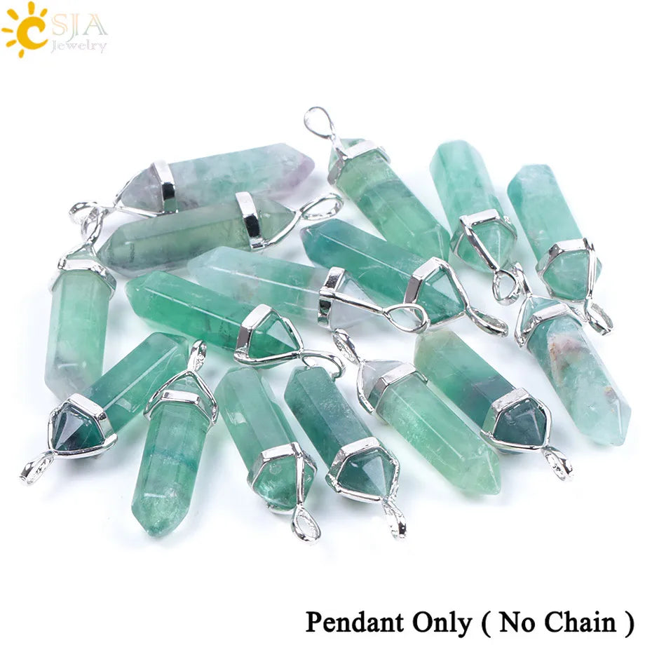 CSJA Fluorite Crystals Necklaces Pendants Suspension Quartz Natural Gem Stone Necklace for Women Hexagonal Reiki Healing G954
