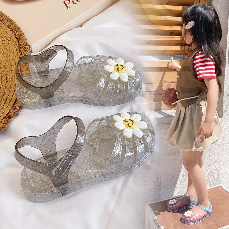 Children's Glitter Crystal Sandals Girls Flower Smiley Face Jelly Beach Sandals Toddler Garden Shoes Kids Non-slip Casual Shoes
