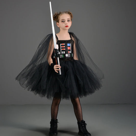 Girls Dark Star Villain Tutu Costume Dress Children Halloween Vader Outfit Kids Fancy Carnival Party Dress up Cosplay Clothes