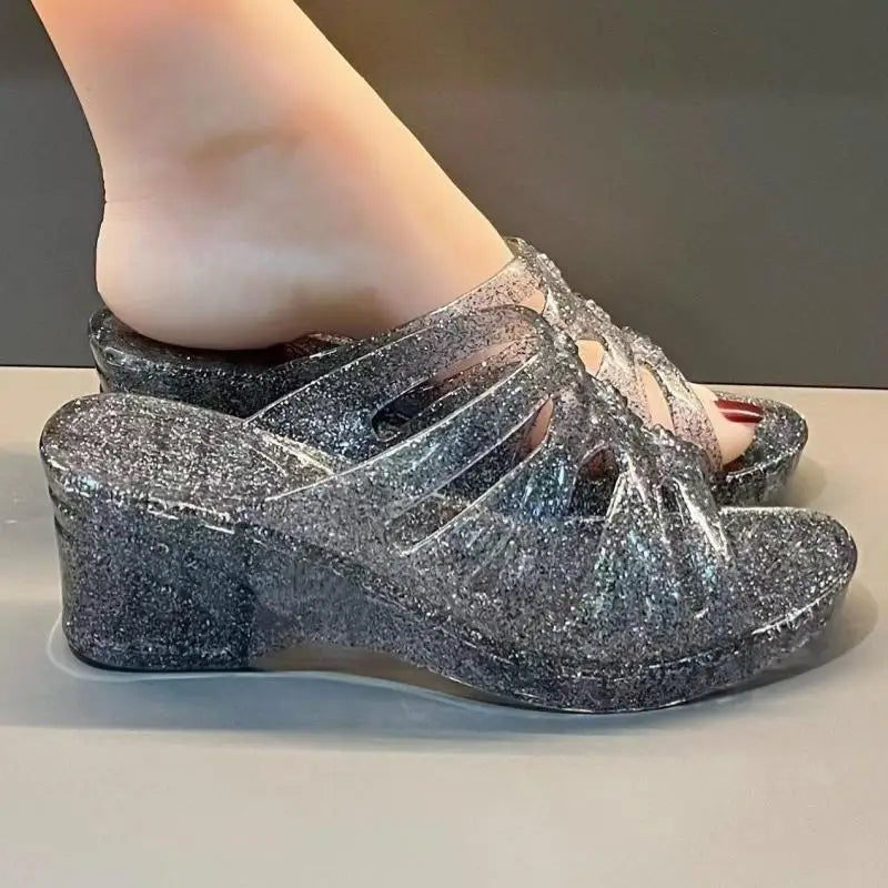 36-40 Women Slippers Summer Wedges Sandals Transparent Crystal Shoes Female Flip Flops Hollow Out Thick-soled Anti-slip Footwear