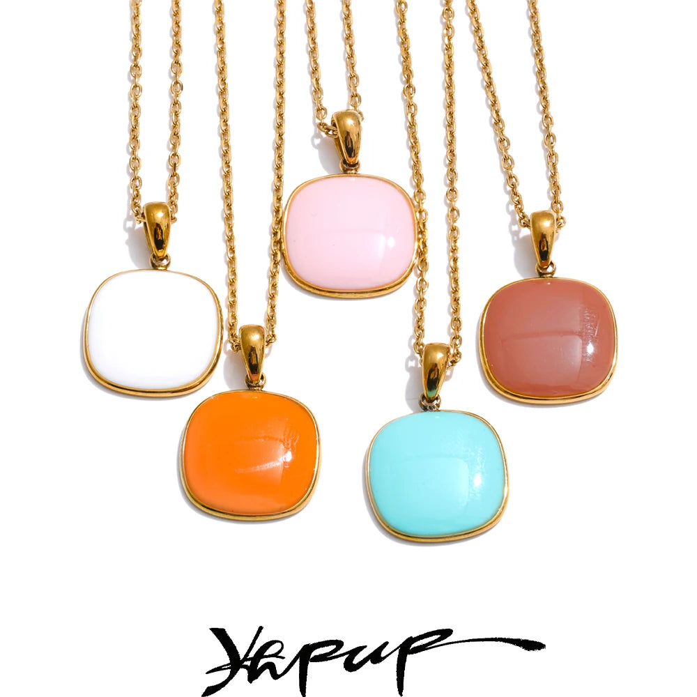 Yhpup Candy Color Sweet Square Pendant Necklace Stainless Steel Gold Color PVD Plated Basic Fashion Jewelry for Women for Girl