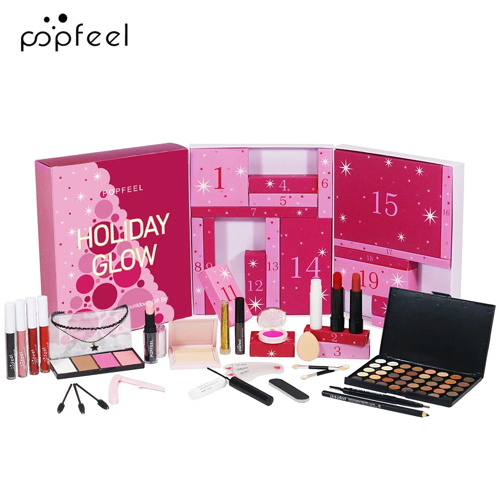 POPFEEL 24 Day Holiday Glow Advent Calendar, Complete Makeup Set with Skincare, Brushes & Cosmetics, 24 Surprise Beauty Gift Box