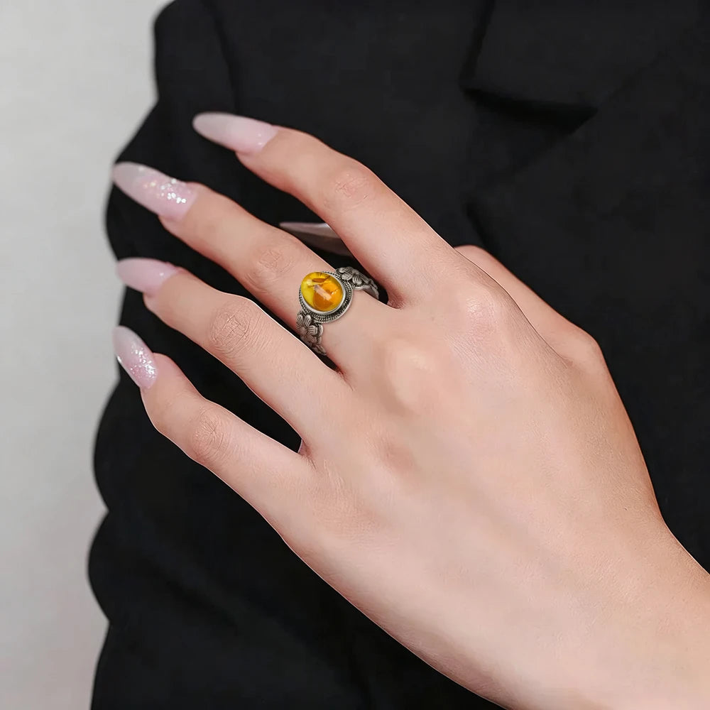 Certified Sterling Silver 925 Petal Amber Ring with Yellow Oval Natural Stone Ring Flower Jewelry Vintage Rings for Women Men