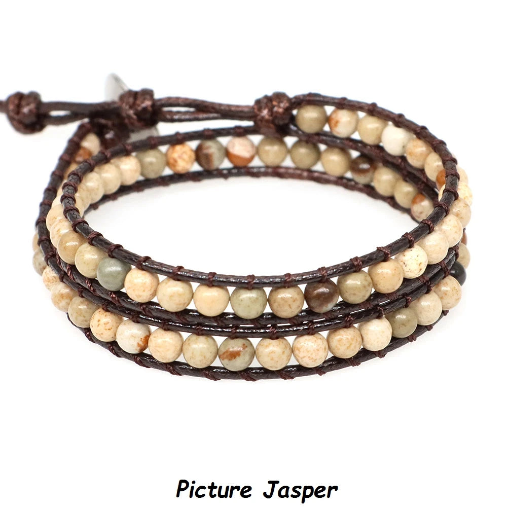 Natural Stone Bohemian Wrap Bead Bracelet Lapis Lazuli 2 Strands Multilayer Leather Rope Woven Bangle For Women Men Jewelry Gift