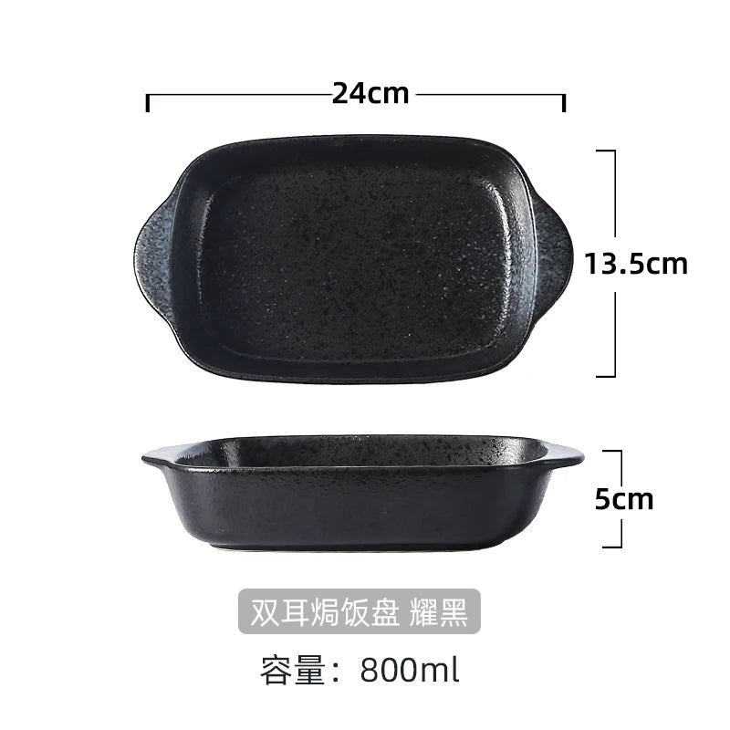 Japanese Tableware Binaural Baking Tray Ceramic Cheese Baked Rice Baking Bowl Oven Special Utensils with Tray Rectangular Plate