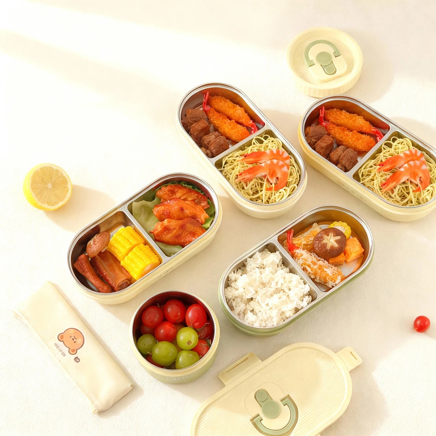 WORTHBUY 304 Stainless Steel Oval Insulated Lunch Box For Kids Student Portable Leak Proof Divided Food Container Microwave Safe