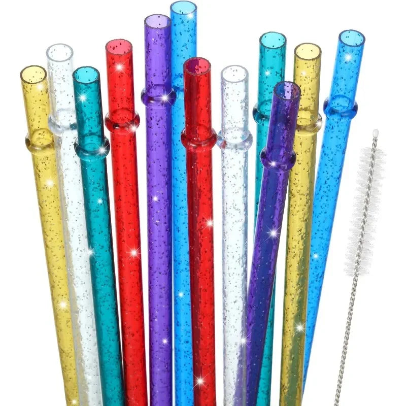 Reusable Clear Plastic Glitter Straws Extra Long Tumbler Straws for Cups with Cleaning Brush Drinking Straws for Tumbler Party