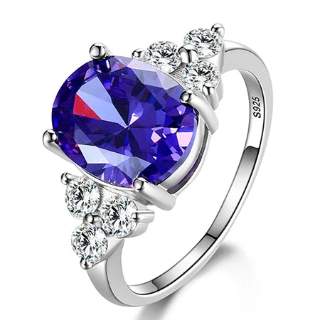 Women's Jewelry S925 Silver Rings White Pink Light Blue Champagne Zircon Oval Wedding Ring