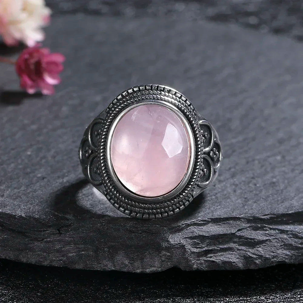 S925 Sterling SilverRing for Women Oval Round Natural Rose Quartz Ring Gift Sun Shaped Retro Luxury Fashion Fine Jewelry