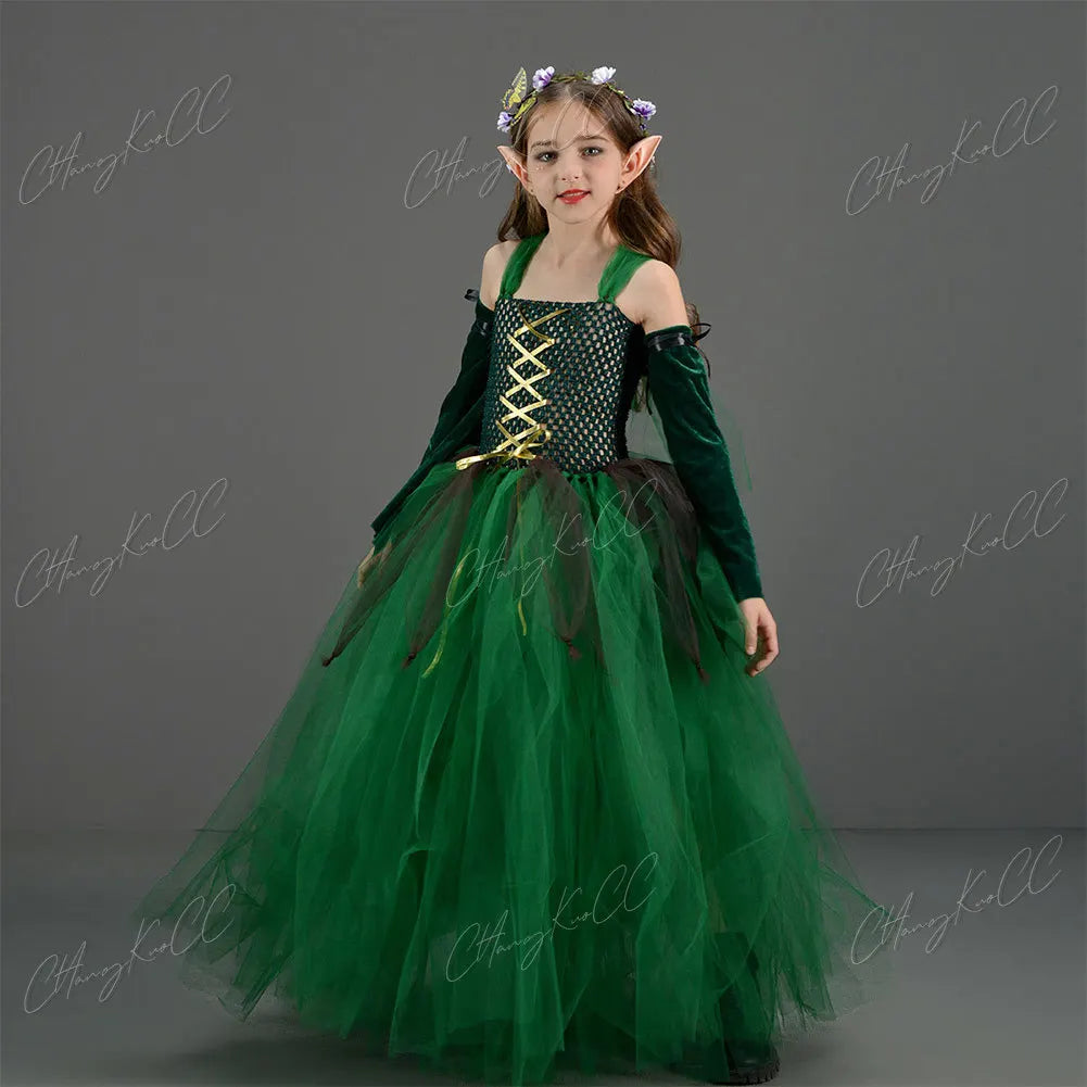 Kids Children Forest Elf Cosplay Princess Green Dress Costume Girls Stage Performance Ears Clothing Outfits Halloween Party Suit