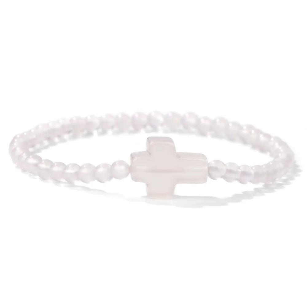 Trendy 4mm Beads Bracelet Stone Cross Charms Bracelet For Women Natural Gems Crystal Bangles Handmade Jewelry Men Yoga Prayer