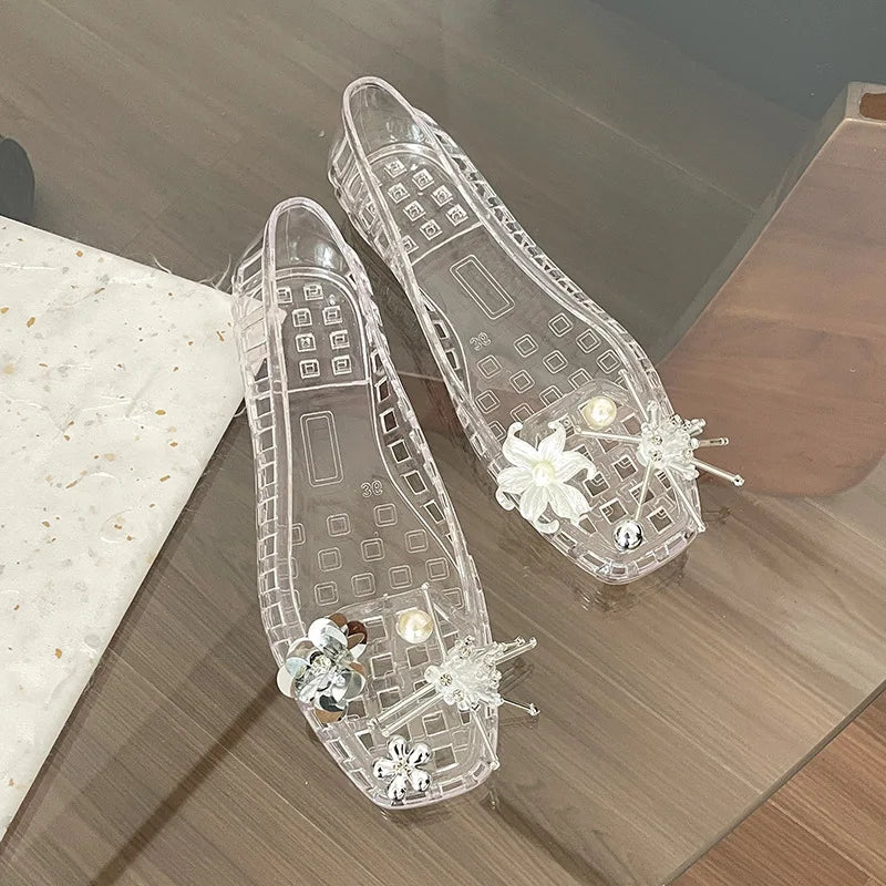 Elegant Glitter Pearl Flower Pvc Jelly Shoes Women Summer 2026 DIY Pearl Transparent Sandals Clogs Korean Ballet Flats for Women