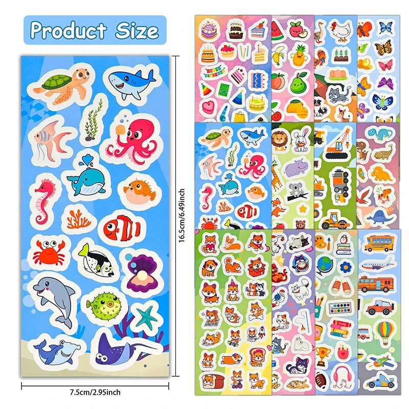 12-36 Sheets Stickers Bulk for Kids Scrapbooking Including Animals, Fruits, Dinosaurs, Cats, Fish, Cars and More, Party Favors f
