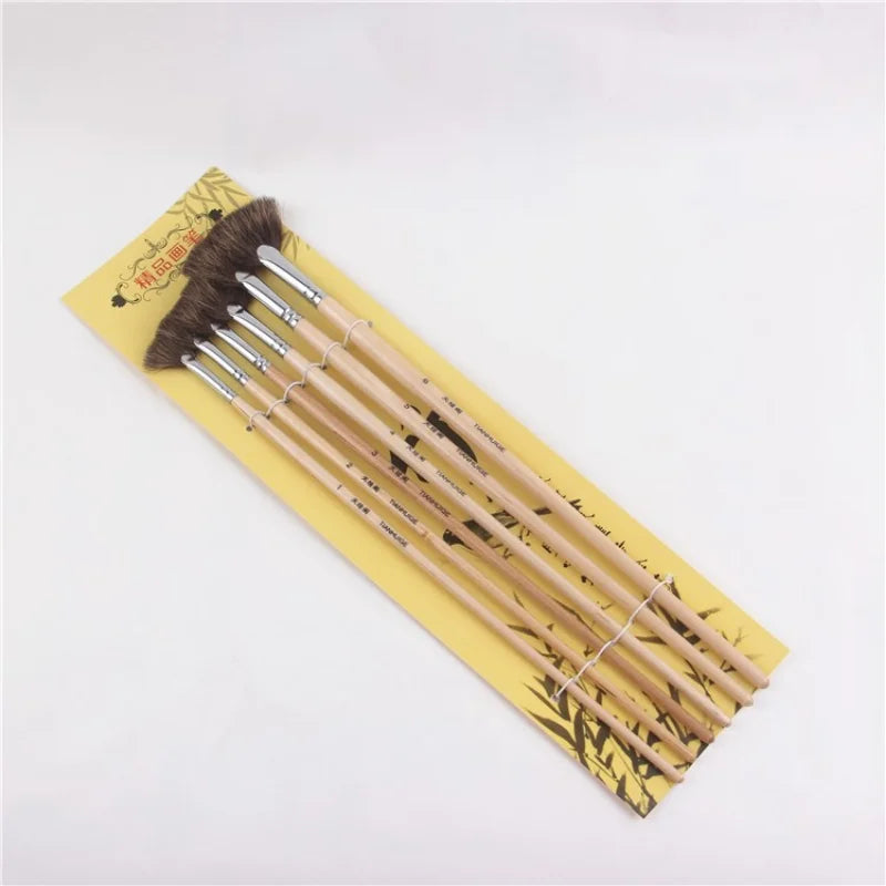 6 pcs/suits Wood rod acrylic painting brush mixed hair fan shpe oil painting brush pen student art supplies drawing material