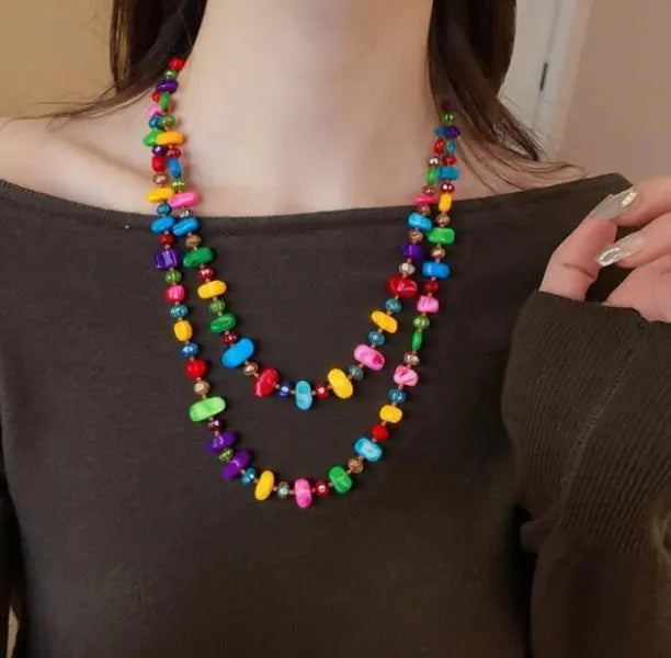 Bohemian Vintage Irregular Natural Stone Necklace for Women Handmade Crystal Beads Double Layer Long Sweater Chain Jewelry Gift