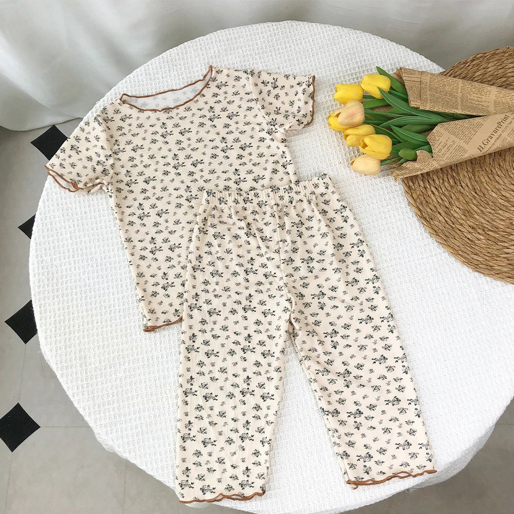 Bear Leader Summer Fashion New Short Sleeve Round Neck Flower Printed T-shirt Top+Pants 2 Piece Set Kids Casual Home Clothes