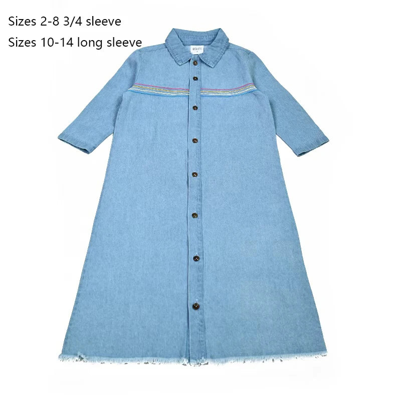 Summer kids clothes denim blue boy and girl dress t-shirt top set baby romper skirt colorful embroidery stripes children outfit
