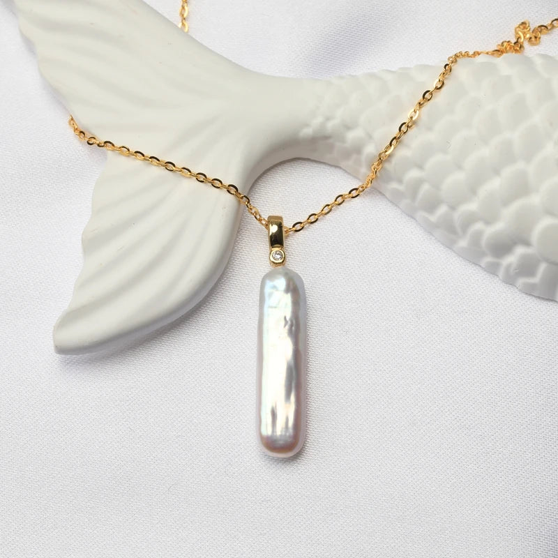 Natural Aurora Bright White Small Silver Bar Baroque Pearl S925 Sterling Silver Pendant Necklace Light Luxury Fashion Jewelry