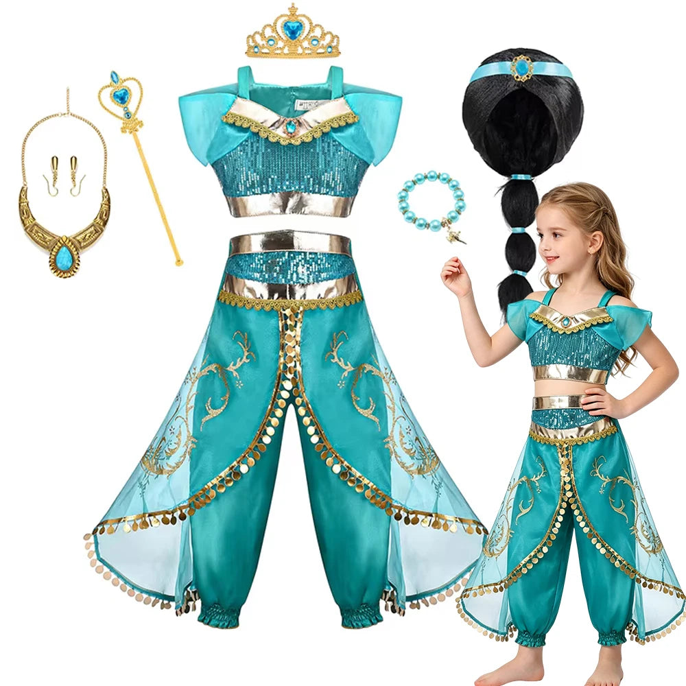Jasmine Princess Dress for Girls Cosplay Aladdin Magic Lamp Costume Kids Halloween Birthday Carnival Party Vestidos 2-10T Outfit
