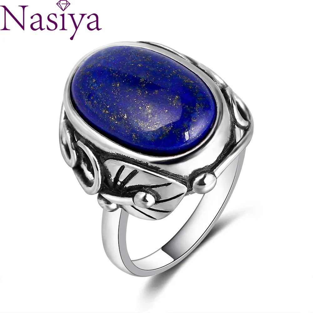 S925 Silver Ring Natural Lapis Lazuli White Chalcedony Moonstone Ring Large Stone 11x17MM Oval Jewelry for Women