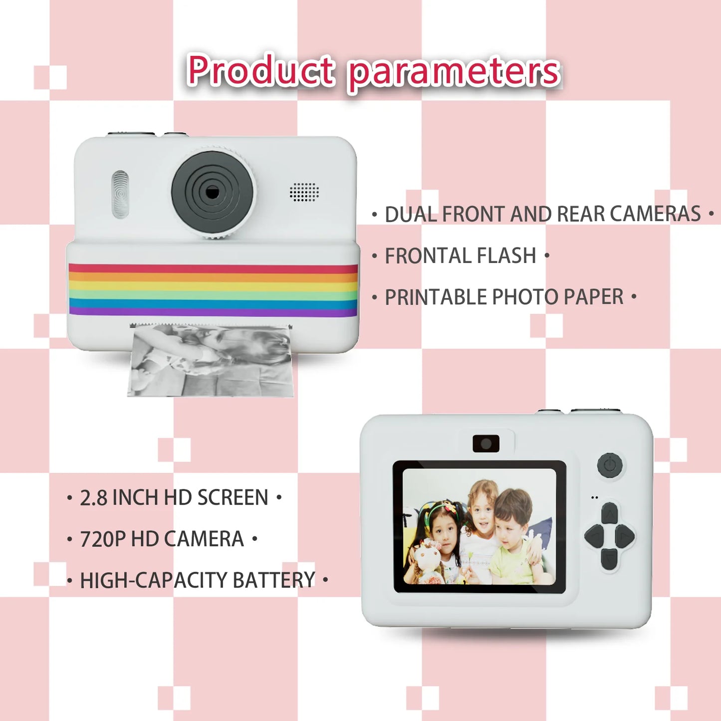 kids instants camera with 32GB memory card&color pencil, dual cameras, flashlight, the perfect gift for boys and girls.