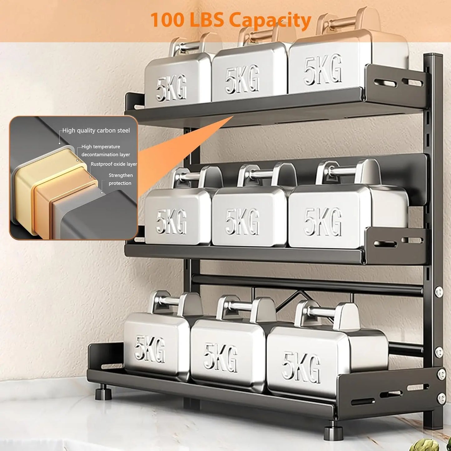 3 Tier Spice Storage Rack for Countertop Adjustable Spice Organization for Cabinet Kitchen Organizer Metal Shelf Black