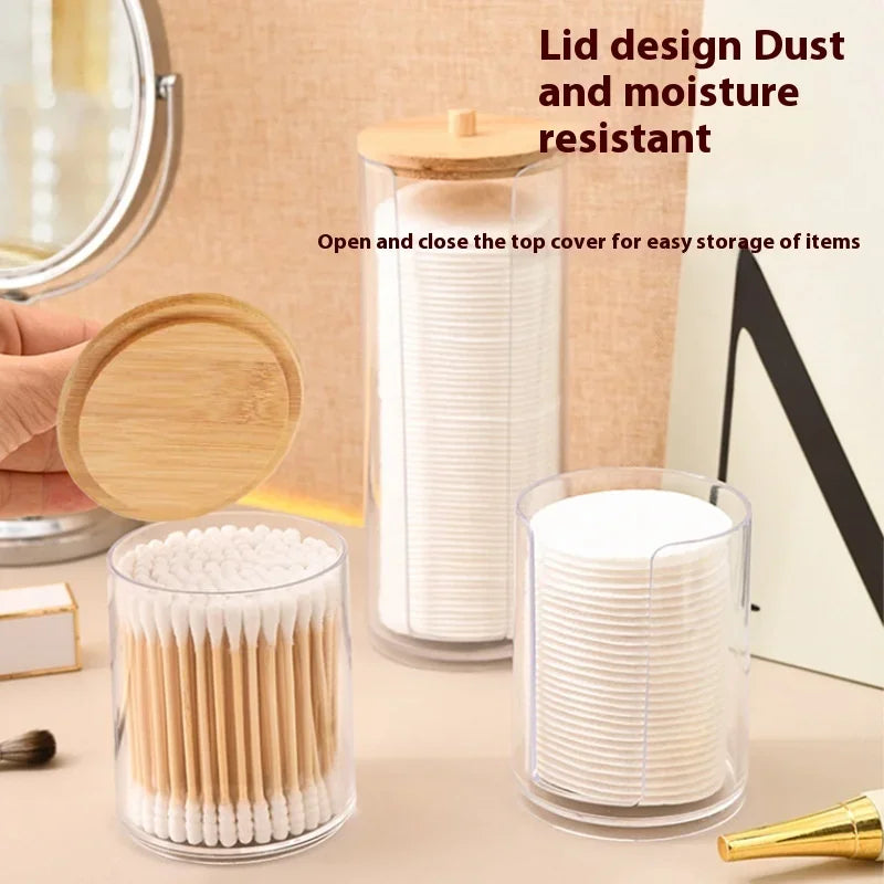 1pcs Cotton Swab Storage Box Acrylic Jar Makeup Organizer Cotton Round Pad Holder Box Q tip Holder Dispenser with Bamboo Lid