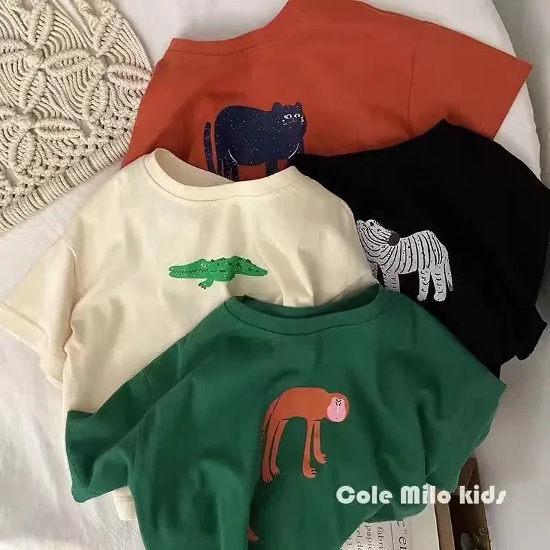 ‌Korean Style Summer Kids T-Shirt Cute Cartoon Print Loose Fit Drop Shoulder Mid-Sleeve Top for Baby Boys Girls Toddler Clothes