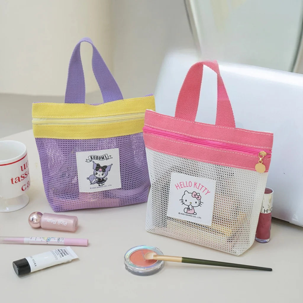 Sanrio Hello Kitty Mesh Bag Portable Tote Bag with Zipper Cute Cartoon Handbag for Women Kids Daily Use