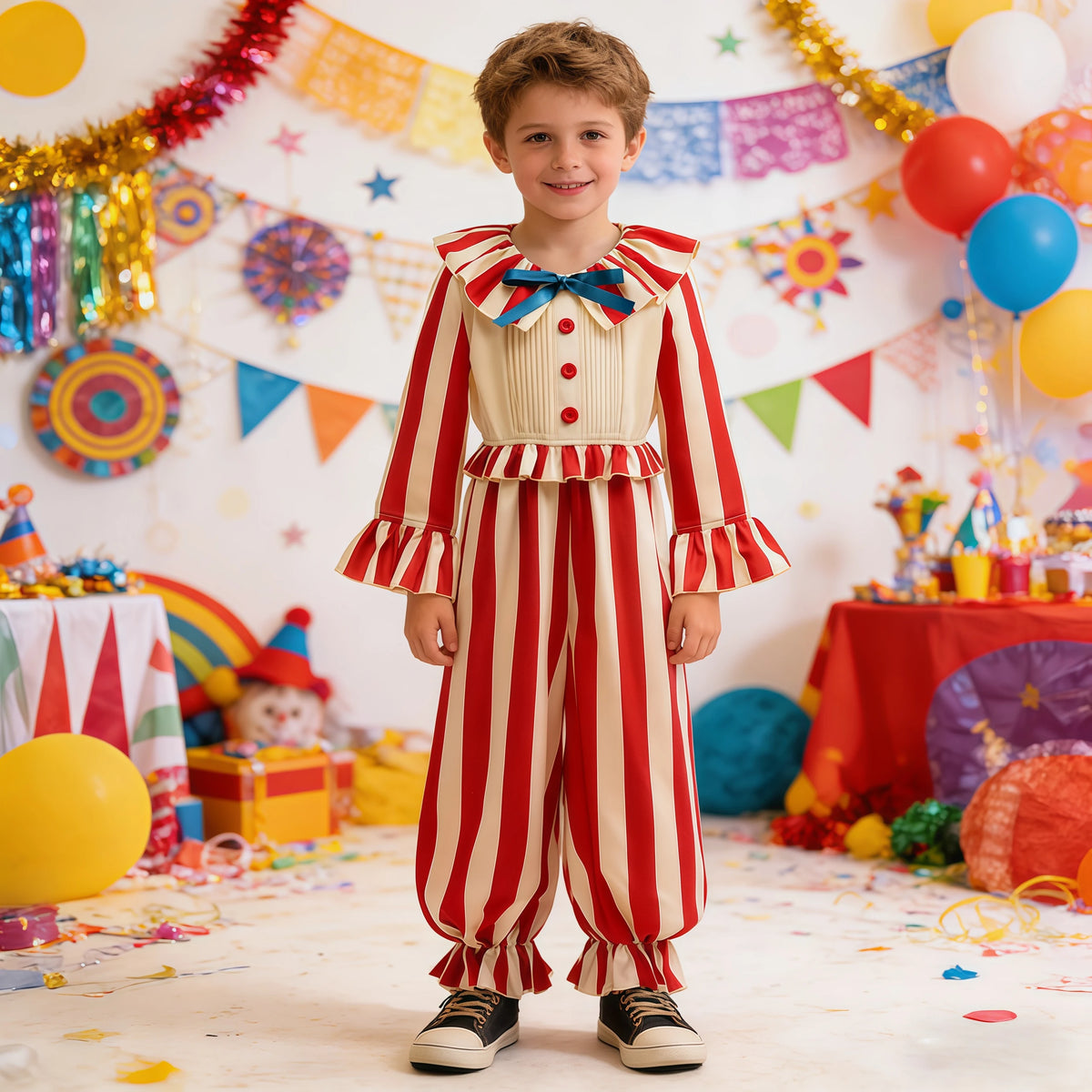 Boys Halloween Circus Clown Cosplay Costume Striped Jumpsuit For Kids Birthday Carnival Magician Stage Performance Fancy Outfits