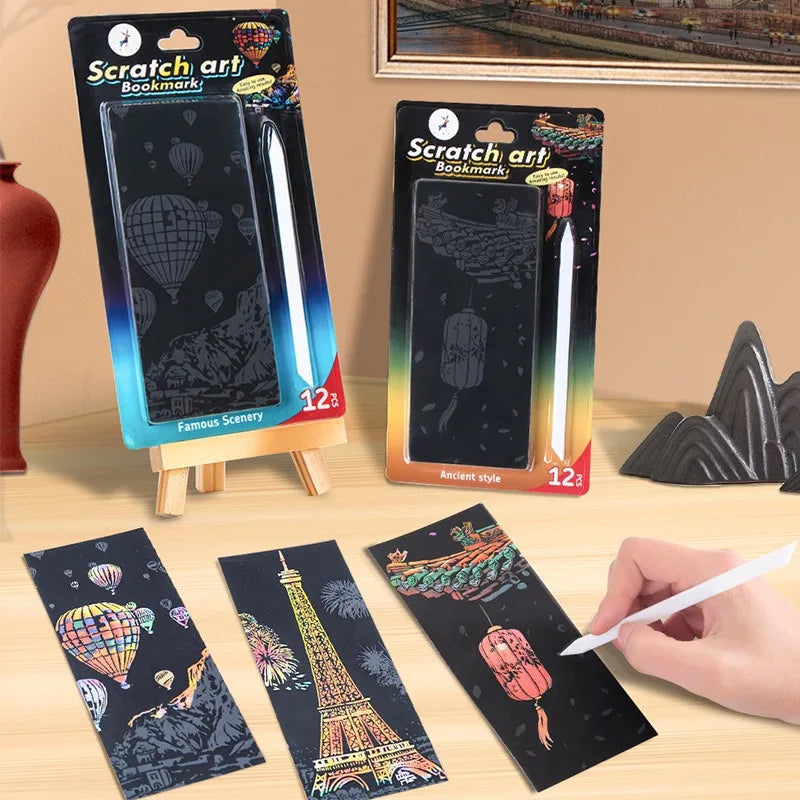 12 Pcs/Set DIY Scratch Painting World Famous Architectural Night Scenery Scraping Painting Manual Scratch Drawing Toys