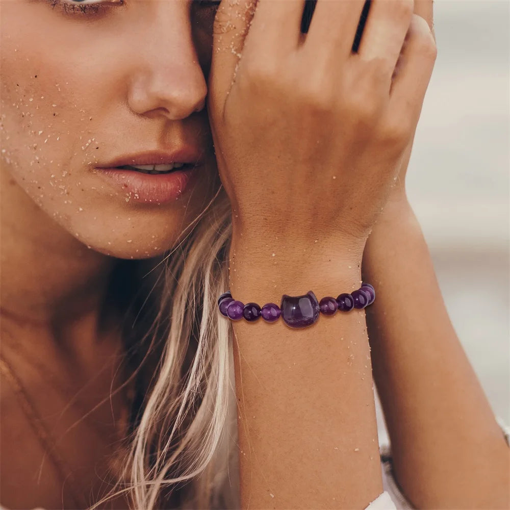 Natural Cat Head Carved Stone Bracelet Tiger Eye Amethyst Agate 8mm Round Gem Bead Elastic Bracelets For Women Men Jewelry Gift
