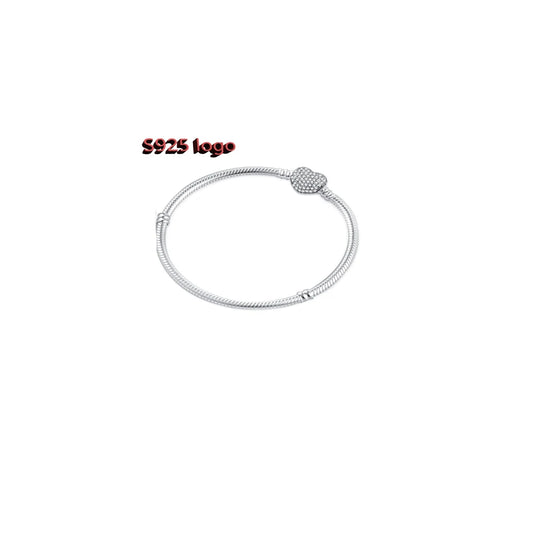 S925 Sterling Silver Snake Chain Bracelet Women Heart Sparkle Bead Clasp Basic Bracelet DIY Jewelry Fashion Gift